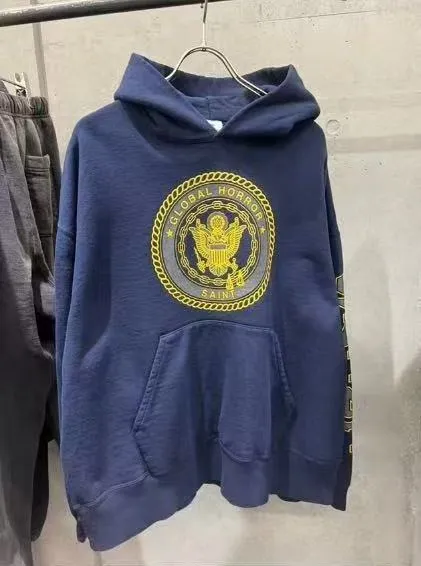 In stock ST1032 washed blue P280 Saint Michael 25SS ""GLOBAL HORROR" Navy Medal Letter Print Washed Distressed Hoodie Sweatshirt Size S-M-L-XL